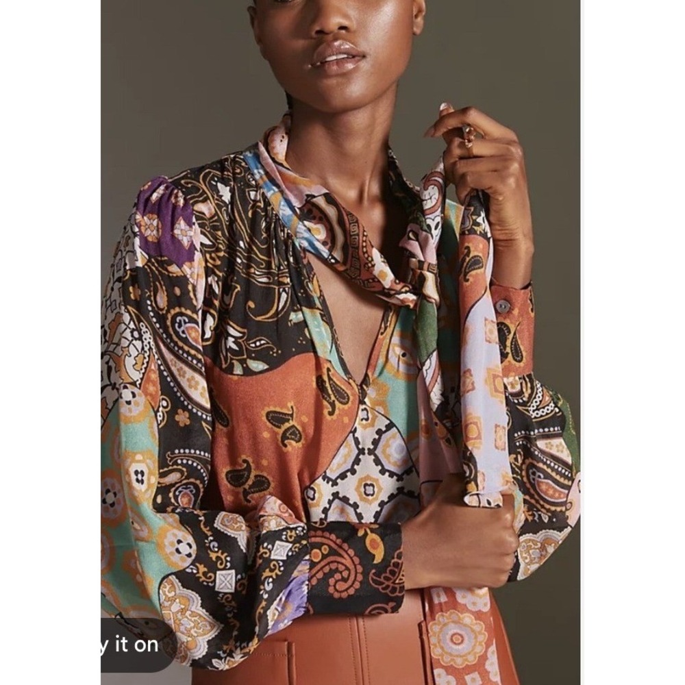 Conditions Apply Anthropologie Patchwork Paisley Tie Front Blouse Small Multi